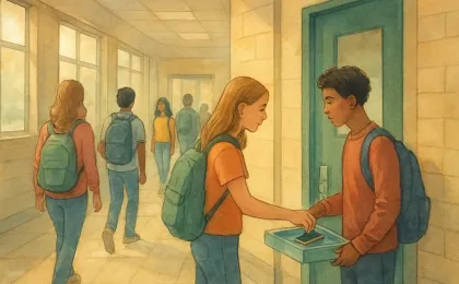 Students in a school hallway placing personal phones into a tray near a classroom doorway