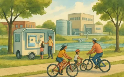 Illustration of a city water-reuse education pilot near a treatment facility with residents learning and biking in a neighborhood setting.