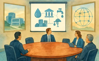 Illustration of a Wichita-style city council meeting with visual cues for water reuse, community services, and international connections