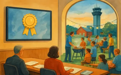 Illustration of a city hall council chamber, a community barbecue gathering, and a distant airport tower view.