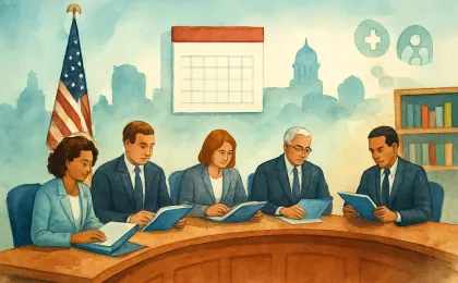 A Wichita-style city council chamber scene showing budget documents and community support symbols.
