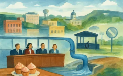 An original editorial illustration showing Wichita civic life with stormwater infrastructure, arts support, and community celebration elements in one scene.