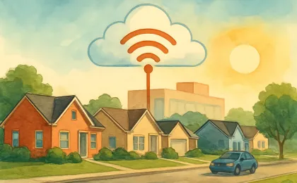 An original illustration showing Kansas homes connected to an abstract network hub, suggesting a telecom transition and customer support plan.