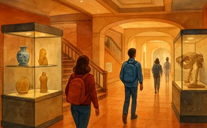 Illustration of a university library museum gallery with stairs, display cases, and students exploring exhibits.