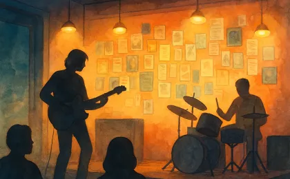 Illustration of a cozy independent venue with musicians on stage and a wall of handmade zines, with a faint Kansas outline in the background.