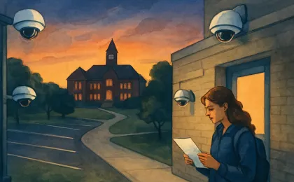 Dusk illustration of a university campus with camera domes at vehicle entrances and a student reviewing a safety-related document near a parking lot path
