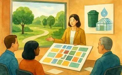 Illustration of a sustainability planning meeting with neighborhood maps, a trail, composting and water reuse symbols.