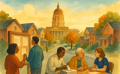 People at a neighborhood community meeting guiding ballots toward a Kansas capitol backdrop.