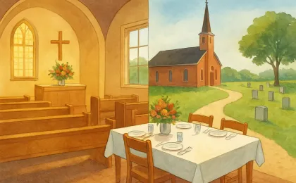 Warm illustration showing church and community gathering spaces with flowers and a peaceful cemetery path.
