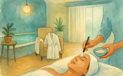 A calm, modern spa lounge with a treatment bed, soft lighting, and a soothing water feature.