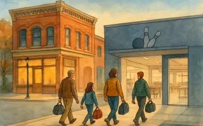 A community bowling alley and historic building exterior with people heading inside and an open, expanded kitchen view.