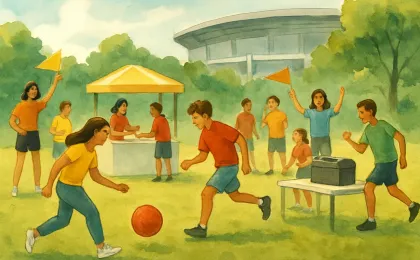 A community kickball scene with teens playing, spectators cheering, and a raffle toolbox on a table at a sports complex.