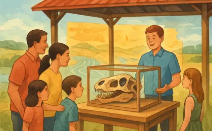 A family fair exhibit with a fossil skull displayed in a wooden case as a teen presenter speaks to visitors under a pavilion