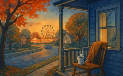 Cozy autumn evening in Hutchinson with falling leaves, a distant fairground atmosphere, and a person preparing for cooler weather with a warm drink.