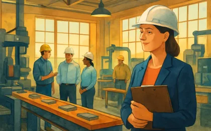 A collaborative tour inside a rural manufacturing plant with visitors and workers observing production equipment.