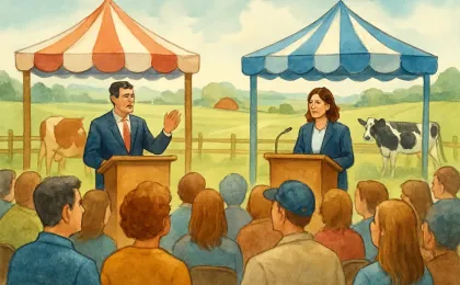 Community fair crowd facing two podiums with rural fields and livestock barn silhouettes in the background.