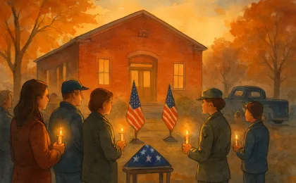 People holding candles during a solemn remembrance ceremony at a veterans hall.