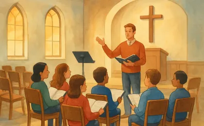 Children gathered for a community choir session inside a church with music folders and a conductor facing the group.
