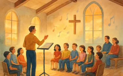 Children prepared to sing in a friendly church hall during an evening community choir event.