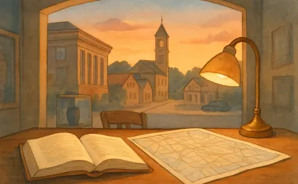 Illustration of a research-library table with an open book and map, suggesting a community history talk at a museum setting.