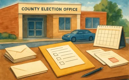 An illustrated county election office desk preparing envelopes and ballot paperwork for advanced voting