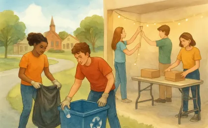 Teen volunteers helping with a roadside cleanup and preparing supplies for a community event in a small-town setting.