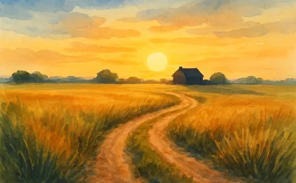 Sunrise over a rural Kansas farmhouse with a quiet path leading into the fields