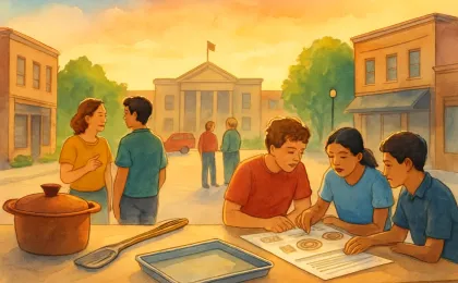 Community tribute scene in a small Kansas town with cooking items and youth learning activities under warm evening light.
