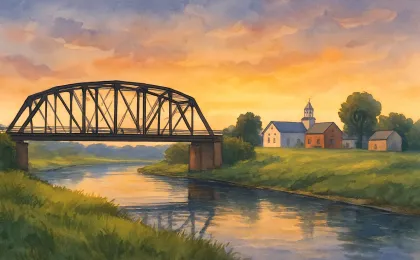 Rural Little Walnut River scene with an old steel bridge and quiet historic landscape