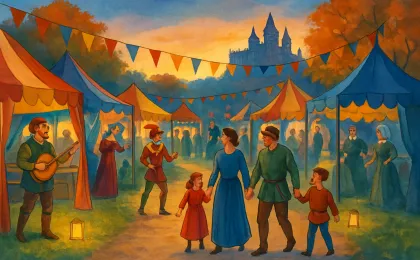 A medieval-themed outdoor festival scene with colorful tents, performers, and families walking in an autumn park setting.