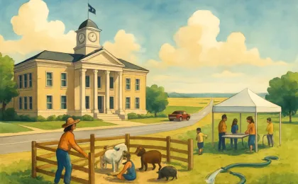County courthouse, highway corridor, and a small-town festival with petting-zoo fencing and water equipment