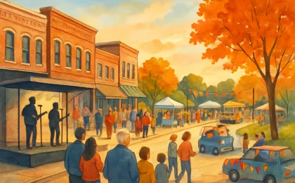 Illustration of a cheerful small-town Kansas street festival with a stage, community gathering, and park vendors during autumn.