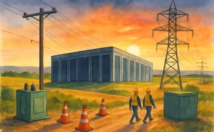 Rural Kansas scene showing a modern data center and nearby utility infrastructure equipment during construction activities.