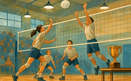 An illustration of a community-college volleyball match in an indoor gym with players rallying near the net and a trophy nearby.