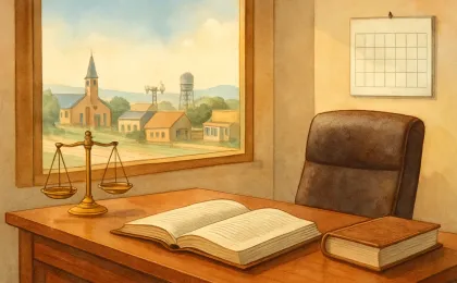 Illustration of a calm attorney office with law books and a scale symbol, conveying peer recognition and professional credibility.