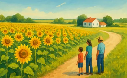 A sunlit sunflower field at a rural farm with visitors viewing from the edge and tall flowers facing the sky