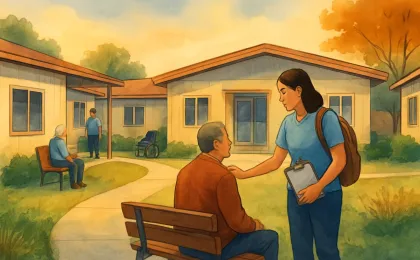 Illustration of a community shelter campus with modular units and a support worker offering help in a calm courtyard setting.