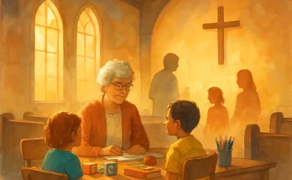 Warm illustration of a church interior with educational materials and a family remembrance atmosphere.