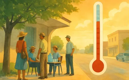 Illustration showing Kansas residents taking shade and hydration precautions during an extreme heat warning.