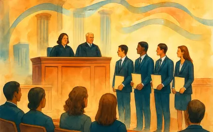 Illustration of a formal swearing-in ceremony inside a modern performing arts hall with stage lighting and civic courtroom symbols.
