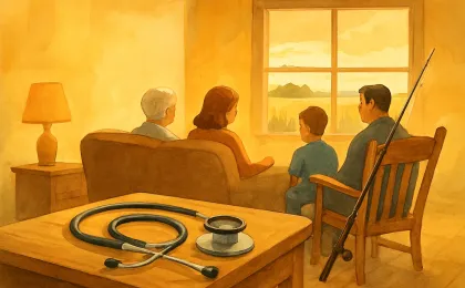 Warm, respectful illustration of family remembrance with healthcare care and fishing themes.