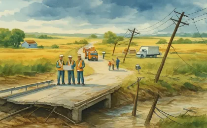 Illustration of Kansas communities coordinating storm recovery with workers repairing roads, bridges, and utility infrastructure after severe weather.