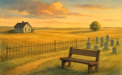 Illustration of rural Kansas fields at dusk with a calm, respectful memorial mood near a cemetery fence line and a simple bench