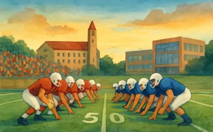 College football matchup illustration with players on a grassy field and a campus backdrop at dusk.
