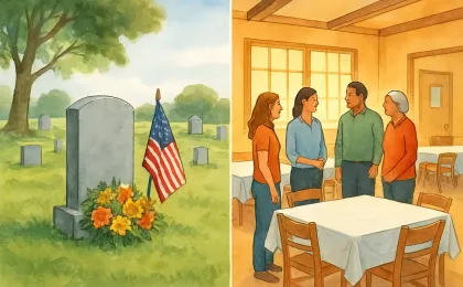 Illustration of a cemetery memorial and a community center meal gathering for a family remembrance
