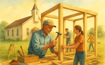 Illustration of hands-on community service and church-building work with volunteers and tools in a warm, welcoming setting.