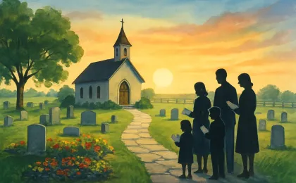 Sunrise scene of a Kansas cemetery path and small chapel with flowers and a family memorial gathering