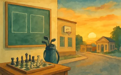 Warm-toned illustration of a Kansas educator’s community life with school and personal hobbies in a peaceful town setting.