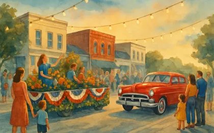 Illustration of a community fair parade float, classic vehicles on display, and families celebrating together.