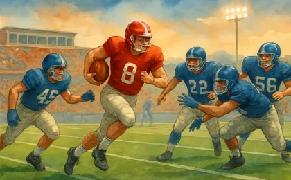 An editorial-style illustration capturing a junior college football runner breaking through while defenders converge under stadium lights.